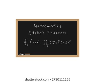 Stoke's theorem on a chalkboard handwritten as a math equation to demonstrate teaching and writing out mathematical formulas by hand. Black chalkboard with white chalk and eraser in the lower left corner. All on a white background.