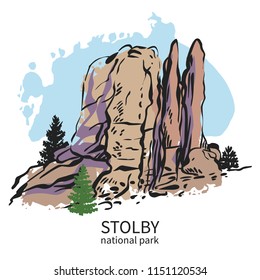 Stolby, national park in Siberia. Feathers rock. Hand drawn vector illustration