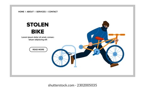 vector bici robado. ladrón de bicicletas, criminal de delitos, seguridad de robos, ladrón de seguridad, web de bicicleta robada de macho plano ilustración de caricatura plana