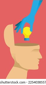 Idea robada. Concepto de ilustración vectorial de idea robada. Mano sacando la bombilla de una cabeza humana