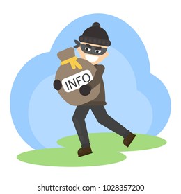 Stolen info bag. Thief in mask stealing data.