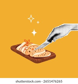 Stollen cake being sliced on a wooden board with a stylized dotted hand and sparkles on yellow background. Perfect for festive packaging, holiday menus, greeting cards, and seasonal promotions.