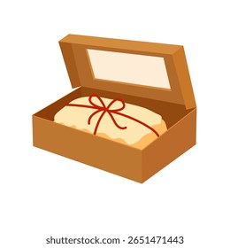 Stollen Christmas cake packed in a brown gift box with a transparent lid and red ribbon. Vector illustration Ideal for winter holiday designs, bakery packaging, greeting cards, and festive decor.