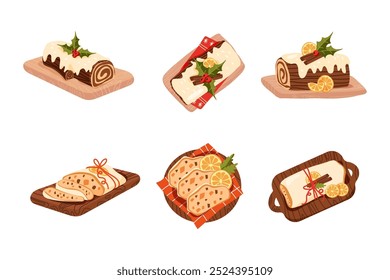 Stollen end  Yule Log Christmas dessert cake icon on a wooden stand. Traditional german  end american pastry for christmas, advent time. Vector illustration stickers set isolated on white background