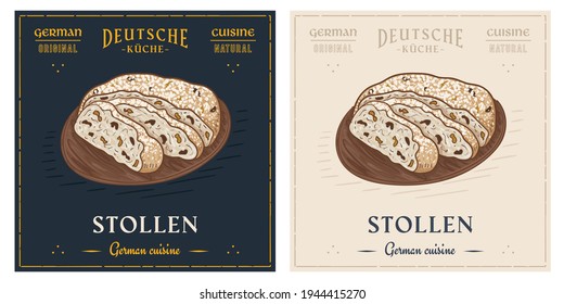 Stollen German fruit bread vintage retro illustration