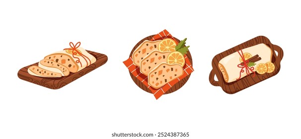 Stollen on a wooden stand. Traditional german pastry for christmas,advent time. Sweet bread with raisins in winter time.Vector illustration stickers set isolated on white background