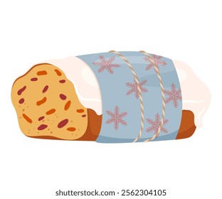 Stollen traditional christmas german cake. Sweet bread with raisins nuts and candied fruits in winter time. Colorful vector illustration for cafe, bakery, restaurant menu. Holiday Austrian dessert