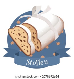 Stollen traditional german cake. Colorful illustration for cafe, bakery, restaurant menu, logo, label. Holiday dessert with raisins, nuts and candied fruits.