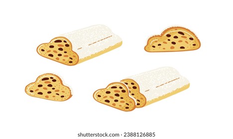 Stollen traditional german pastry for christmas,advent time.Sweet bread with raisins in winter time.Set of different views.Vector illustration in cartoon style isolated on white background.