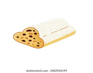 Stollen traditional german pastry for christmas,advent time.Sweet bread with raisins in winter time.Vector illustration in cartoon style isolated on white background.