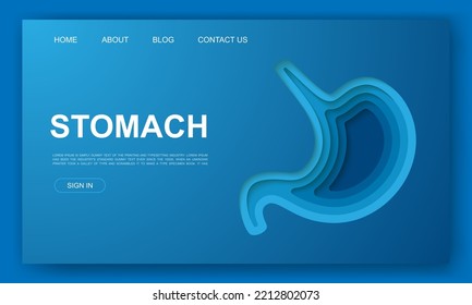 Stomach 3d paper cut website template. Digestive system paper cut out illustration. Organ anatomy symbol for landing page, advertising page.