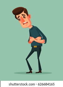 Stomach Abdominal Pain. Unhappy Suffering Man Character Holding His Hands On Abdomen. Vector Flat Cartoon Illustration