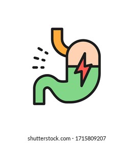 Stomach Ache, Abdominal Pain Flat Color Line Icon.