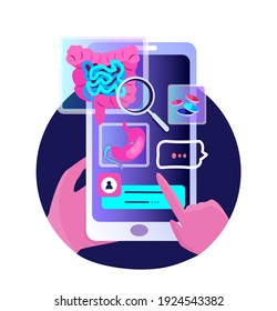 Stomach Ache, Bowel Intestinal Upset Management Mobile Application. Clinic Consultation Smartphone Medical Hospital.Internet Online Diagnostics.Digital Help Service,Treatment. Flat Vector Illustration