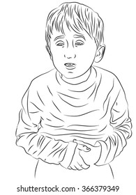 Stomach ache, boy holding hands on his body, bad emotions, pain. Vector illustration, pencil drawing.