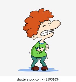 Stomach ache. Cartoon boy, vector illustration. Isolated