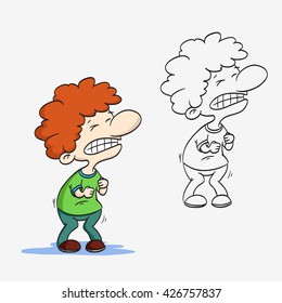 Stomach ache. Cartoon boy, vector illustration. Isolated