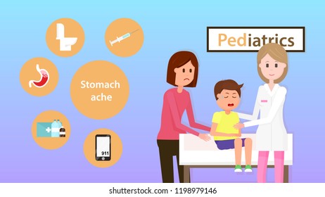 Stomach Ache At Child. Pediatrician Consultation. Doctor And Child. Pediatric Department With Doctor And Boy During Examination. Pediatrician And Baby Vector Illustration For Pediatrics Medicine.