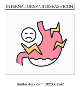 Stomach ache color icon. Indigestion, colic, dyspepsia, tummy ache. High pain. Stomach sick. Healthcare. Internal organs disease concept.Isolated vector illustration