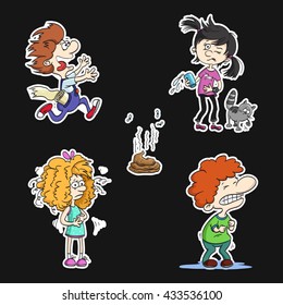 Stomach ache and Diarrhea. Cartoon vector collection with boys and girls. Set of colored  vector illustration. 