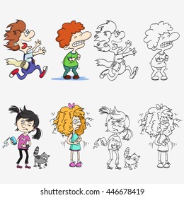 Stomach ache and Diarrhea. Cartoon vector collection with boys and girls. Set of colored and line vector illustration. Isolated