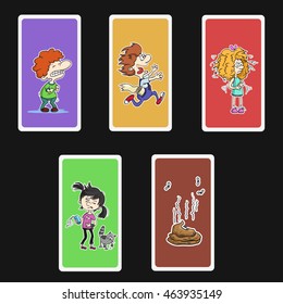 Stomach ache and Diarrhea. Cartoon vector collection with boys and girls. Set of colored cards.