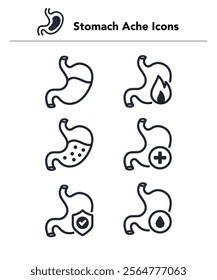 Stomach ache icons set vector illustration. Stomach ache and pain related editable stroke outline icons set isolated on white background flat vector illustration