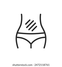 Dolor de estómago, icono de estilo lineal. Cuerpo con zona de dolor abdominal destacada. molestia gastrointestinal. Ancho de trazo editable