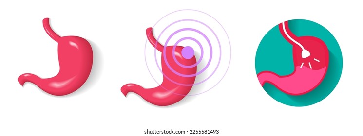 Stomach ache pain icon, endoscope gastroscopy examination, digestive gastric colonoscopy technology logo flat 3d cartoon graphic illustration design, medical health care clinic image, abdomen clipart