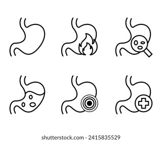 Dolor de estómago y dolor en el conjunto de iconos de contorno