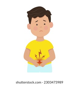 Stomach ache. Upset boy holding his stomach. Children's rotavirus. Vector illustration. Kid diseases.