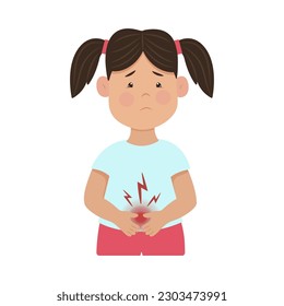 Stomach ache. Upset girl holding his stomach. Children's rotavirus. Vector illustration. Kid diseases.