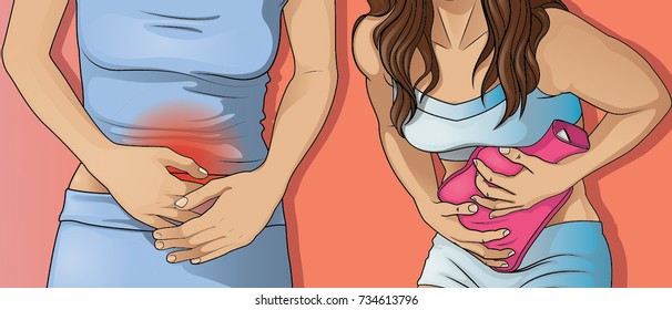  Stomach ache.Young Woman With Hot Water Bottle 