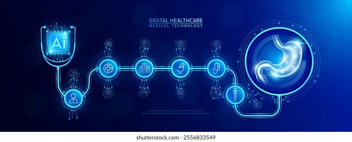 Stomach and AI chip medical in stethoscope with icon cross, syringe, hospital, doctor. Technology digital health care check up modern. Dark blue background banner vector.