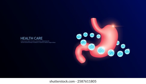 Stomach anatomy with medical icon sign symbol inside glowing ball surrounded. Human organ on dark blue background. Medical science health care concept. Banner Vector.