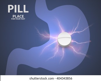 Stomach background with white pill. concept of a vaccine . vector illustration