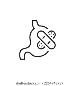 Stomach with bandaid. Gastroenterology medical assistance. Pixel perfect, editable stroke icon