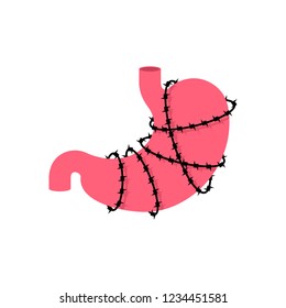 Stomach and barbed wire. Sick Internal organs Human anatomy. Metaphor of problems and reduced health. pain medical health care concept 