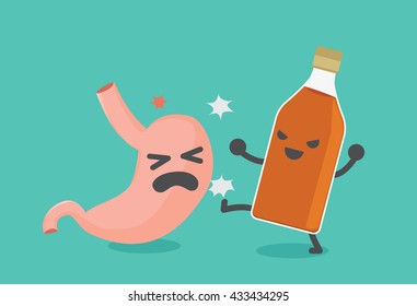 Stomach beaten by liquor bottle. Alcoholism as health risk concept.