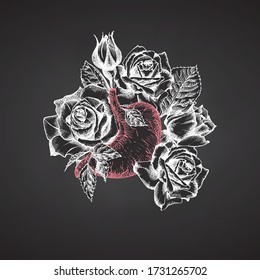 Stomach with bouquet roses on chalkboard Realistic hand-drawn icon of human internal organ and flower frame. Sketch Engraving style Medical post-viral rehabilitation design concept Tattoos art Vector