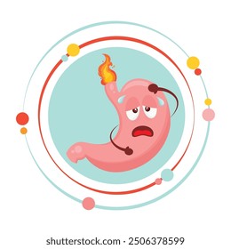 Stomach with a burning acid bile. Vector illustration in cartoon style icon