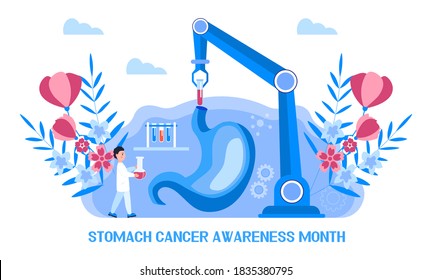 Stomach cancer awareness month concept vector. Event is celebrated in November. Tiny doctors research stomach. Gastroenterology illustration for medical blog website, app. 