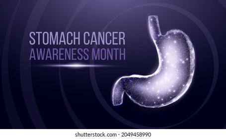 Stomach cancer awareness month. Wireframe low poly style. Concept for medical, treatment of the digestive system.  Abstract modern 3d vector illustration on dark blue background. 