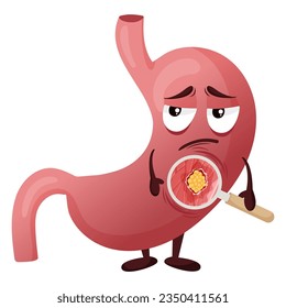 Stomach cancer. Cute cartoon stomach character with  face and emotion of sadness. Cancerous tumor under magnifying glass. Anatomical vector illustration isolated white background.