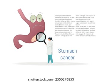 Stomach cancer illustrated graphically.Graphic representation of a stomach affected by cancer with a professional examining the tumors.