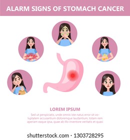 Stomach cancer signs and symptoms. Weightloss and appetite loss. Dangerous disease. Idea of medical treatment and healthcare. Isolated vector illustration in cartoon style