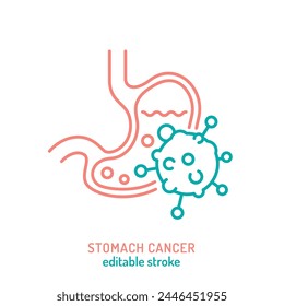 Stomach carcinoma, adenocarcinoma outline icon. Malignant gastric growth sign. Medical, healthcare linear pictogram. Gastrointestinal tumor. Editable vector illustration isolated on a white background