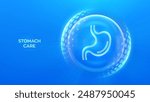 Stomach care and protection. Healthy stomach medical concept. Human stomach anatomy organ icon inside protection sphere shield with hexagon pattern on blue background. Vector illustration.