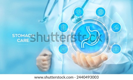 Stomach care. Treatment of stomach and digestive system diseases. Gastroenterology clinic medical banner. Doctor holding in hand Stomach icon and medicine icons network connection. Vector illustration