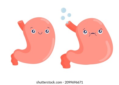 Stomach cartoon character. Bloating, heartburn, nausea, belching. Healthy and bloating. Cartoon internal organs. Stock vector illustration isolated on white.